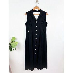 Vintage 90s Erika Black Linen Blend Sleeveless Button Front Maxi Dress Sz PL
